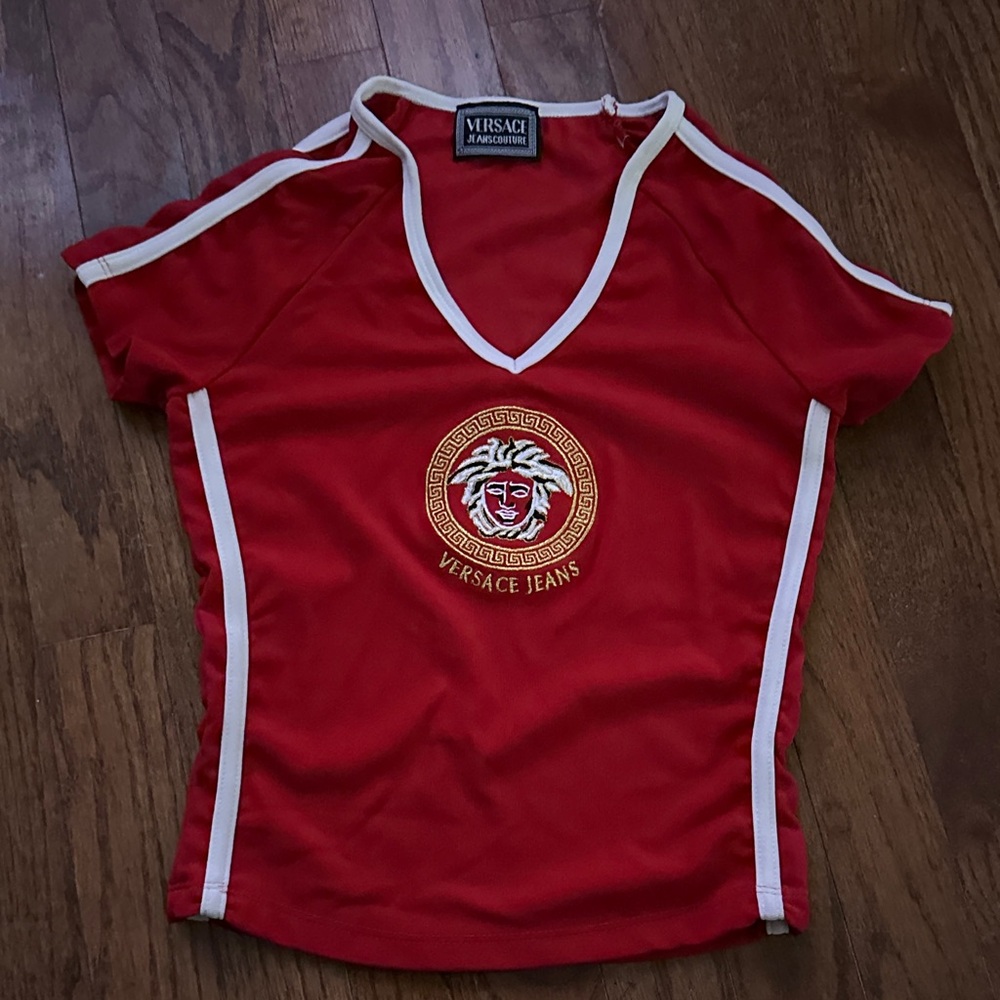 Versace Red V-Neck Top with White Trim